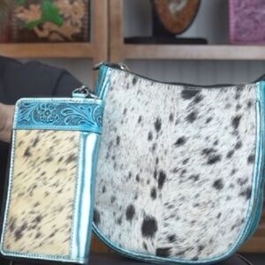 New Blue Shimmer Trim leather Cowhide Crossbody Bag - Western Linen